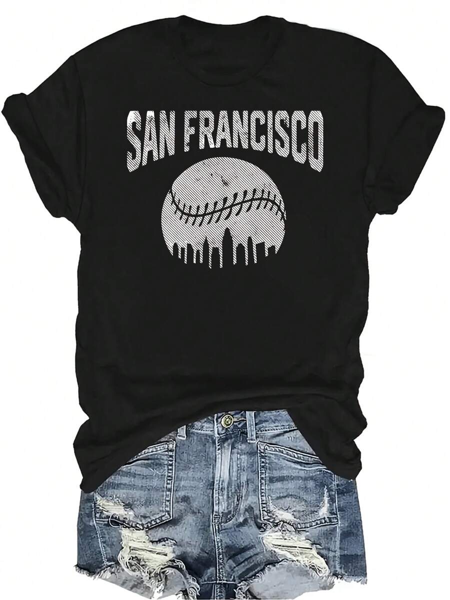 Camiseta de fan de béisbol de San Francisco para mujer, unisex, de verano, casual, transpirable, con personalidad, cuello redondo, manga corta, ropa de calle, versátil, adecuada para adolescentes y adultos - Negro - Ver 1