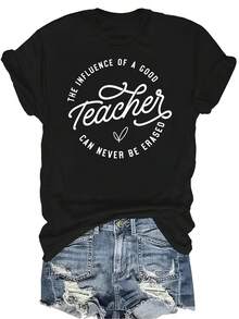 Camiseta "La influencia de un buen maestro" para mujer y unisex, de verano, casual, transpirable, con personalidad, cuello redondo, manga corta, ropa de calle, versátil, adecuada para adolescentes y adultos - Negro - Ver 1