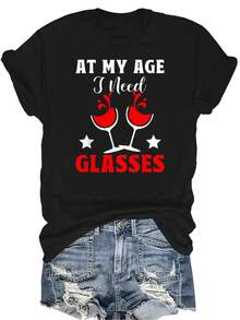 Camiseta de mujer con estampado de copa de vino tinto, unisex, de verano, casual, transpirable, de personalidad, cuello redondo, manga corta, ropa de calle, versátil, adecuada para adolescentes y adultos - Negro - Ver 1