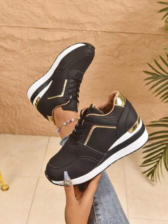 Solid Color Lace-Up Casual Sports Shoes, 2025 Autumn/Winter New Fashionable Breathable Versatile Casual Sports Shoes, Increase Height Comfortable 2025 New Stylish Casual Sports Shoes Suitable For Plus Size Women, Suitable For All Seasons, Spring, Summer, Autumn, Winter, Elegant, Sexy, Low Price, Casual, Sports, Outdoor, Party, Wedding, Valentine's Day