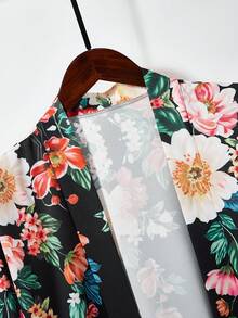 Retro Japanese Style Loose Floral Print Kimono Cover Up, Versatile Romantic Beach Cover-Up, Lightweight Summer Vacation Robe - Black - View 4