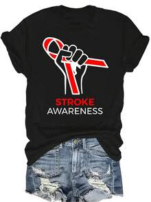 Camiseta de mujer y unisex de manga corta, cuello redondo, transpirable y de personalidad, con cinta roja de concienciación nacional sobre el accidente cerebrovascular, adecuada para adolescentes y adultos - Negro - Ver 1