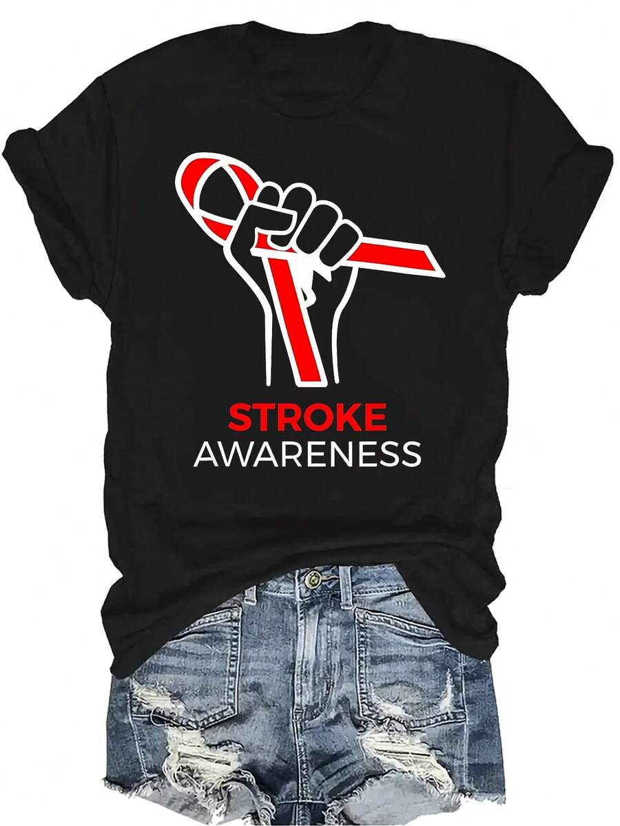 Camiseta de mujer y unisex de manga corta, cuello redondo, transpirable y de personalidad, con cinta roja de concienciación nacional sobre el accidente cerebrovascular, adecuada para adolescentes y adultos - Negro - Ver 1