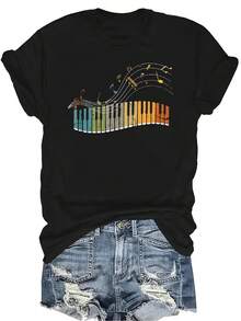 Camiseta de música de piano para mujer, unisex, de verano, casual, transpirable, con personalidad, cuello redondo, manga corta, ropa de calle, versátil, adecuada para adolescentes y adultos - Negro - Ver 1