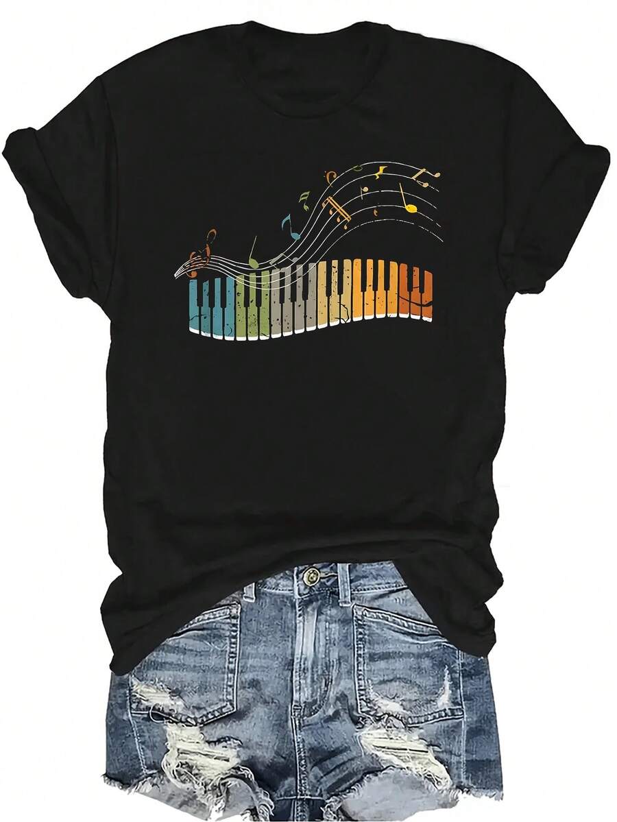 Camiseta de música de piano para mujer, unisex, de verano, casual, transpirable, con personalidad, cuello redondo, manga corta, ropa de calle, versátil, adecuada para adolescentes y adultos - Negro - Ver 1