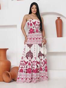 Look Of Millions!!! Long Strapless Dress With Floral Print - Dusty Pink - View 1
