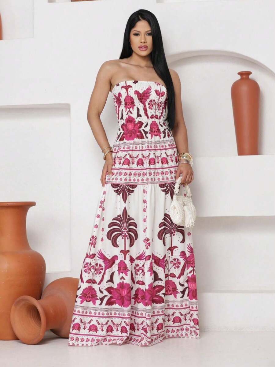 Look Of Millions!!! Long Strapless Dress With Floral Print - Dusty Pink - View 1