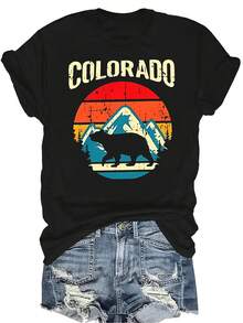 Camiseta retro de Colorado para mujer y unisex, de verano, casual, transpirable, con personalidad, cuello redondo, manga corta, ropa de calle, versátil, adecuada para adolescentes y adultos - Negro - Ver 1