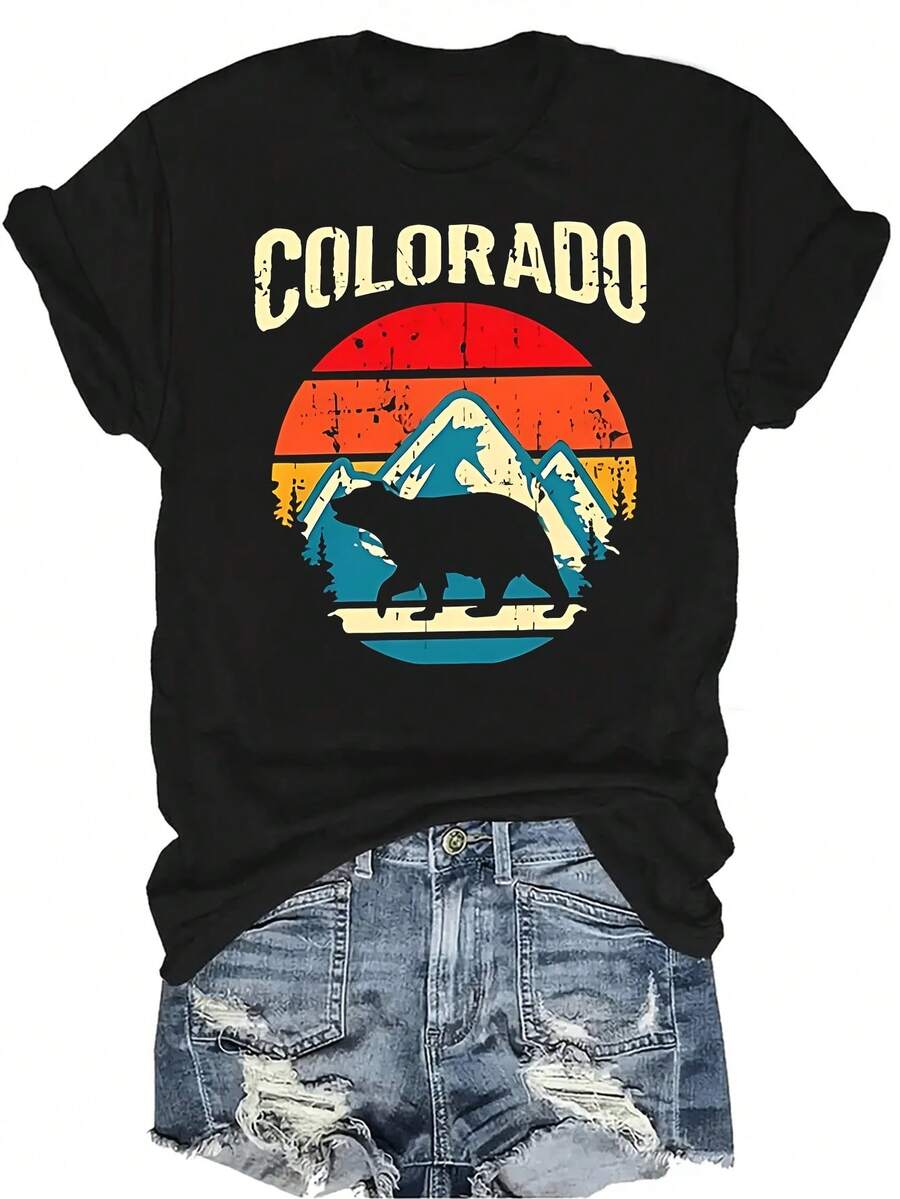 Camiseta retro de Colorado para mujer y unisex, de verano, casual, transpirable, con personalidad, cuello redondo, manga corta, ropa de calle, versátil, adecuada para adolescentes y adultos - Negro - Ver 1