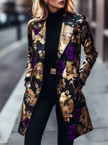 Long-Sleeved Single-Breasted Mid-Length Suit Jacket With Floral Pattern - Màu tím - Xem 1