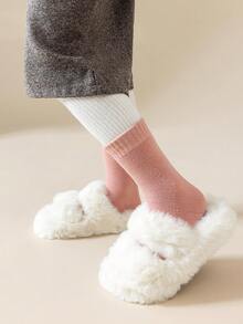 5 Pairs Girls' Wool Blend Mid-Calf Socks, Solid Colors Pink, Purple, White, Soft & Warm, Thick, Minimalist Design, Cute & Fashionable, Versatile, Suitable For Autumn/Winter