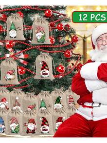 12pcs Christmas Burlap Gift Bags, Santa Linen Drawstring Bag Set, For Holiday Party Gifts And Jewelry Storage. Suitable For Christmas And New Year Party Supplies,Gifts For Women,Christmas Gifts,Gift Ideas For Women