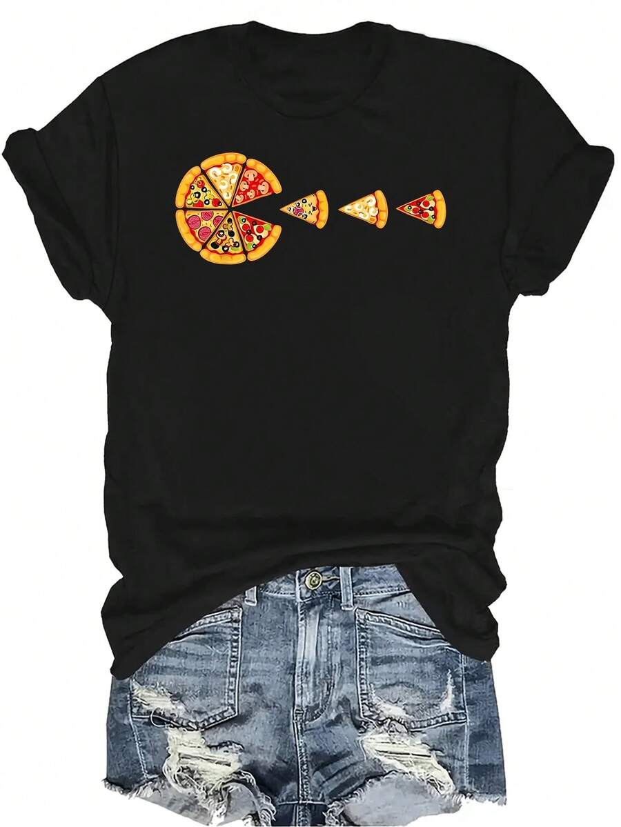 I Love Pizza Pizza Party Pizza Pie Slice Pizza T Shirt Women Unisex Summer Casual Breathable Personality Round Neck Short Sleeve Tee Streetwear Versatile Top, Suitable For Teens And Adult - 黑色27 - 查看 1