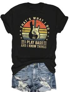 Camiseta "I Play Bass" para mujer, unisex, de verano, casual, transpirable, de personalidad, cuello redondo, manga corta, ropa de calle, versátil, adecuada para adolescentes y adultos - Negro - Ver 1
