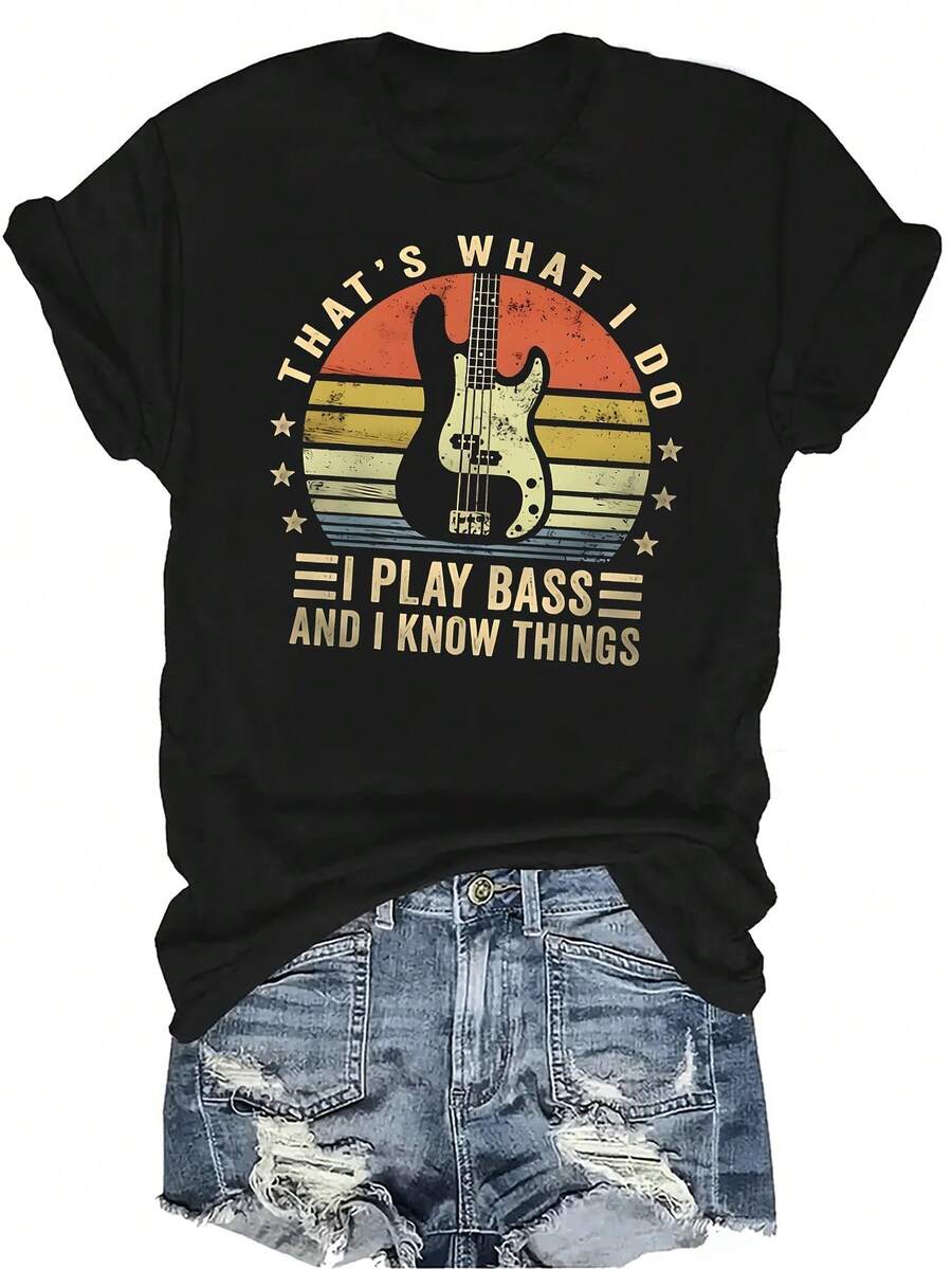 Camiseta "I Play Bass" para mujer, unisex, de verano, casual, transpirable, de personalidad, cuello redondo, manga corta, ropa de calle, versátil, adecuada para adolescentes y adultos - Negro - Ver 1
