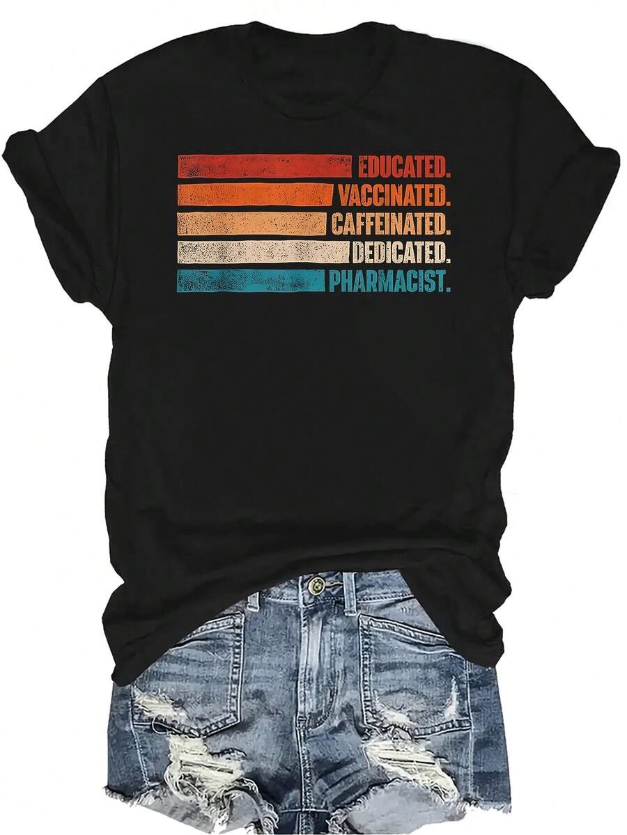 Camiseta "Educada, Vacunada, Cafeínada, Dedicada" para mujer y unisex, de verano, casual, transpirable, con personalidad, cuello redondo, manga corta, ropa de calle, versátil, adecuada para adolescentes y adultos - Negro - Ver 1