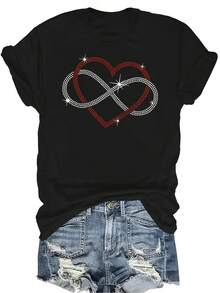 Camiseta con corazón de strass para mujer y unisex, de verano, casual, transpirable, de personalidad, de cuello redondo, de manga corta, de uso versátil, adecuada para adolescentes y adultos - Negro - Ver 1
