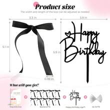 10 PCS Black Bow Cake Toppers With Happy Birthday Sign - Vintage Ribbon Cupcake Toppers Birthday Party Decorations Coquette Theme Anniversary Wedding Decor Cake Decorating Supplies Black