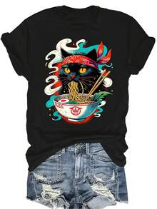 Camiseta con patrones interesantes para mujer y unisex, de verano, casual, transpirable, con cuello redondo, manga corta, estilo urbano y versátil, adecuada para adolescentes y adultos - Negro - Ver 1