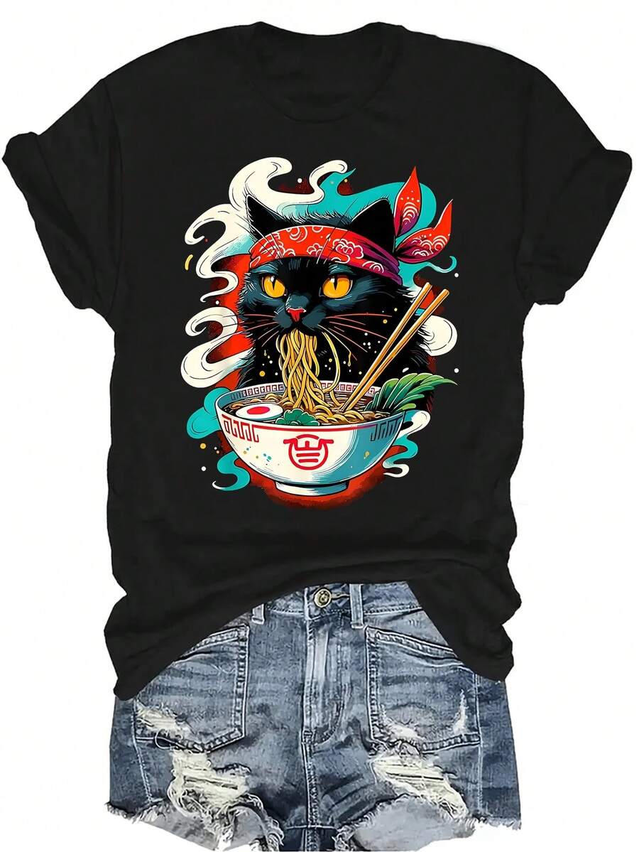 Camiseta con patrones interesantes para mujer y unisex, de verano, casual, transpirable, con cuello redondo, manga corta, estilo urbano y versátil, adecuada para adolescentes y adultos - Negro - Ver 1