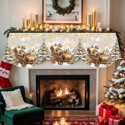 1 écharpe de cheminée en polyester avec l'impression d'un traîneau du Père Noël en or, en polyester durable de 200 cm x 50 cm, avec une scène enneigée, un arbre de Noël et des détails de paillettes dorées. Style luxueux et scintillant pour la décoration de manteau de cheminée pour Noël, les fêtes, les mariages d'hiver, les célébrations du Nouvel An et la décoration d'arrière-plan photo.