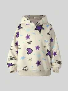 Girls Casual Loose Outdoor Apricot Heart & Star Print Hoodie Sweatshirt And Blue Heart & Star Print Jeans Set, Autumn - Khaki - View 7