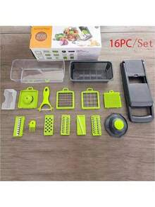 16 件蔬菜切碎器多功能切片器厨房工具，易于制作沙拉，可更换刀片，派对烹饪小工具