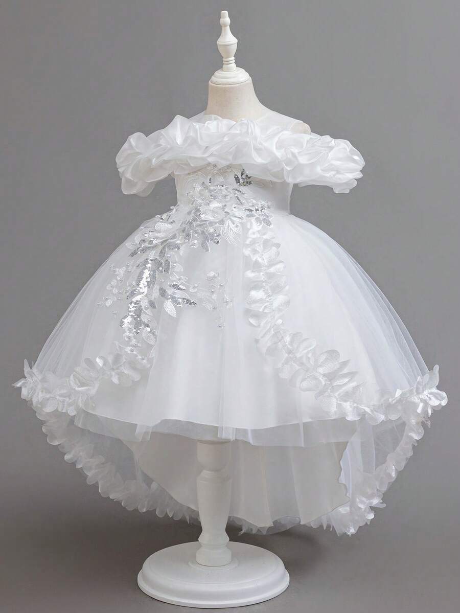 年轻女孩蕾丝串珠花朵花瓣优雅不对称下摆花童婚礼派对公主裙