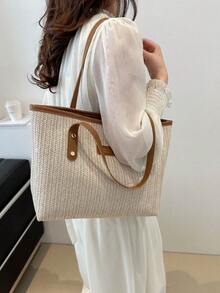 Straw Woven Tote Bag For Women, Fashion Vacation Beach Bag, Large Capacity Versatile Commuter Shoulder Bag - Coffee Brown - View 6