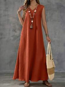 Spring & Summer V-Neck Minimalist Sleeveless Casual Dress, Versatile Elegant - Orange - View 1