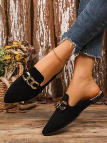 A Pair Of Casual And Comfortable Women's Half-Mule Flats With Metal Chain. Perfect For Everyday Wear Or Just Hanging Out At Home.