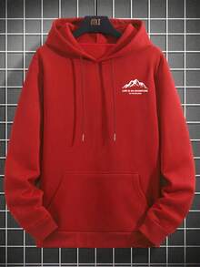 Men's Autumn/Winter Minimalist Mountain Slogan Print Pocket Drawstring Hoodie Sweatshirt - Red - View 5