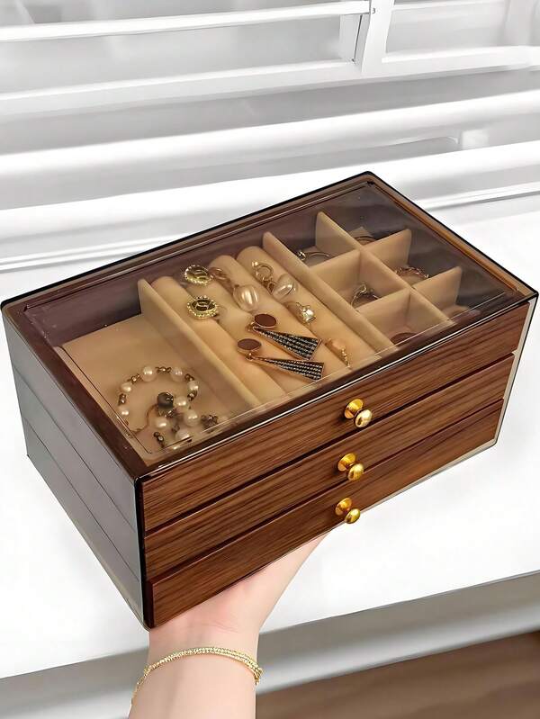 1pc, Luxury Black Walnut Jewelry Box, 3-Layer Wooden Jewelry Storage Box, Drawer-Style Jewelry Box, Transparent Acrylic Jewelry Storage Box, Classic Style, Jewelry Earrings Rings Necklace Bracelet Pendant Storage Display Organizer, Bathroom Storage Box, Desktop Storage Drawer Box, Stackable Storage Box Storage Rack, Elegant Luxury Display Packaging Box, Is A Wife's Room Decoration
