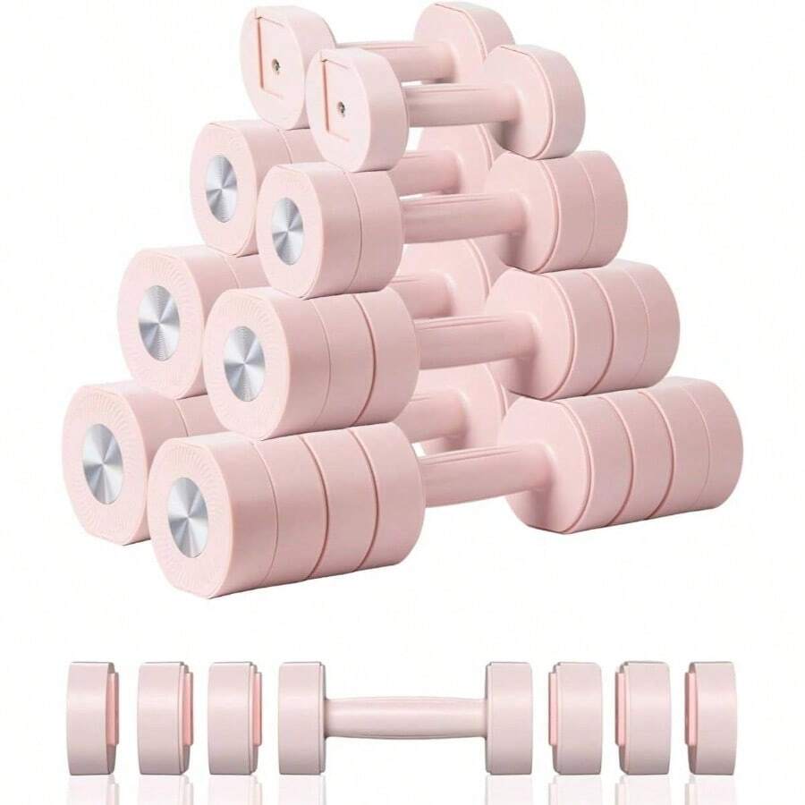 Juego de 2 Mancuernas Ajustables, Juego de Aancuernas de Peso Libre 4 en 1 para Mujer, Cada Una de 1 kg, 2 kg, 3 kg, 4 kg con de Goma Suave ABS para Perfecto para Hacer Ejercicio en Casa - Rosa - Ver 1