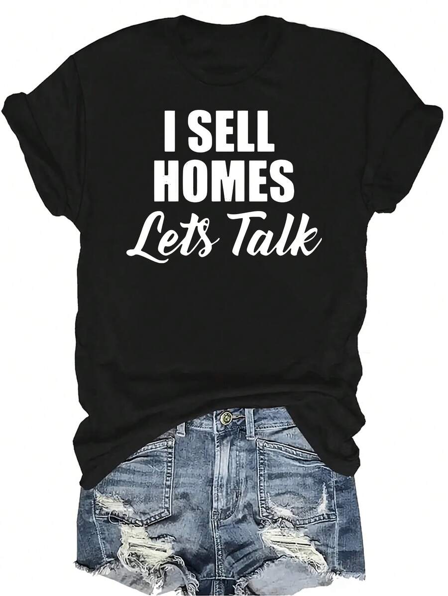 Vendo casas, hablemos de agente inmobiliario - Regalo de agente inmobiliario Camiseta de mujer y unisex de verano, casual, transpirable, de personalidad, cuello redondo, manga corta, ropa de calle, versátil, adecuada para adolescentes y adultos - Negro - Ver 1