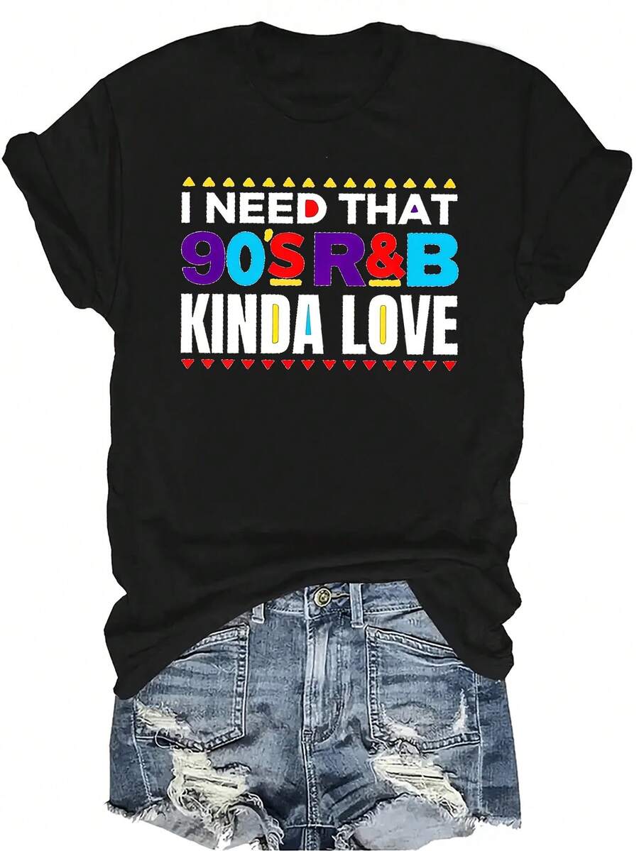 Camiseta "Ese tipo de amor de R&B de los 90" Mujer Unisex Verano Casual Transpirable Personalidad Cuello Redondo Manga Corta Camiseta Ropa de Calle Versátil, Adecuada para Adolescentes y Adultos - Negro - Ver 1