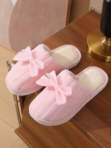 Damen Schleife Plüsch Warme Hausschuhe, Bequeme Rutschfeste Schlafzimmer Hausschuhe für Holzböden, geeignet für Herbst/Winter - Pink - Übersicht 8
