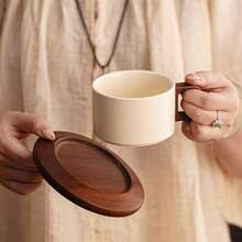 1 Set 250ml/8.45oz Cream-Color Thick Ceramic Coffee Mug With Saucer, Classic Straight Design, Heat-Resistant Handmade Coffee Cup, Highly Attractively Large Capacity Cup, Suitable For Coffee Art Tea Cup, For Home, Cafe And Gift - Multicolor - View 5