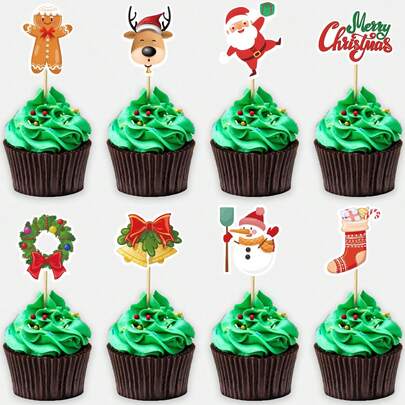 8/16/24 件圣诞纸杯蛋糕装饰圣诞快乐纸杯蛋糕装饰圣诞纸杯蛋糕装饰圣诞老人树雪人鹿雪橇主题蛋糕装饰用品