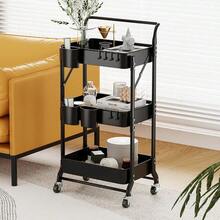 3 Tier Foldable Rolling Cart With Wheels Folding Utility Cart Organizer Collapsible Rolling Storage Cart With 3 Hanging Cups 6 Hooks For Kitchen Office Nursery Black - 黑色 - 查看 2