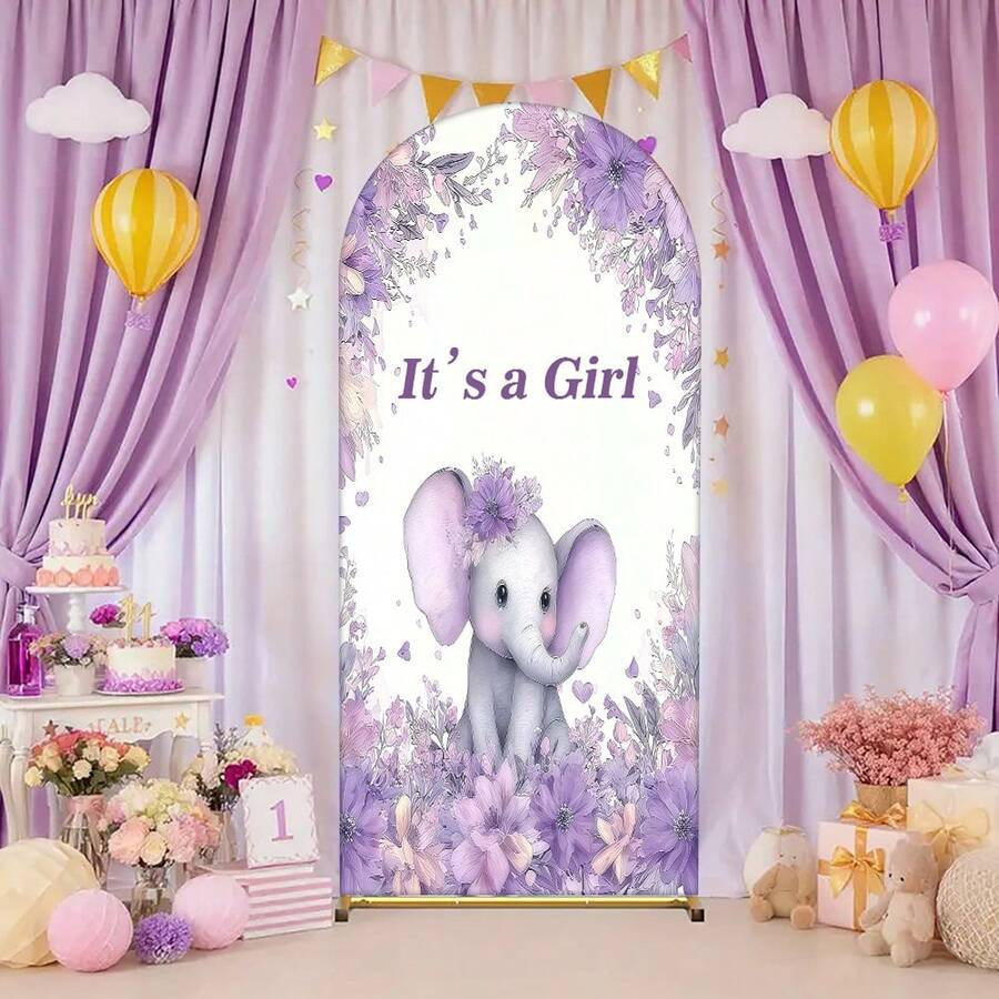 1pc/65pcs 2D Flat, Purple Elephant Arch Backdrop - Adorable Elephant With Floral Crown & Balloons Design, Polyester Fabric, Perfect For Youngsters' Baptism & Birthday Party Decorations, Youngsters Shower Decor Playful Design, Durable Party Accessory - Multicolor-04 - View 1