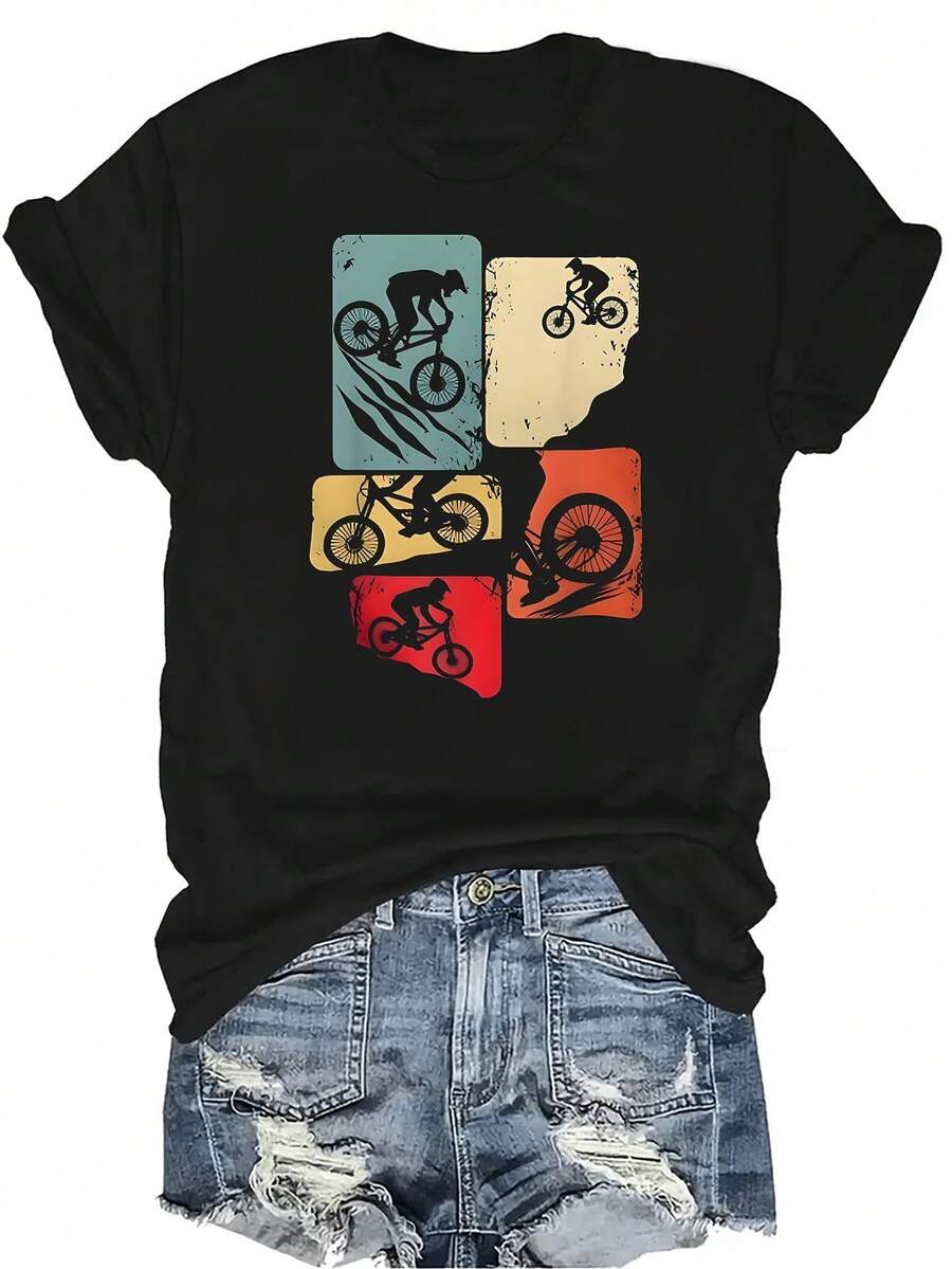 Camiseta de manga corta para mujer y unisex de estilo casual y transpirable para bicicleta de montaña de descenso, con cuello redondo y diseño versátil, adecuada para adolescentes y adultos - Negro - Ver 1
