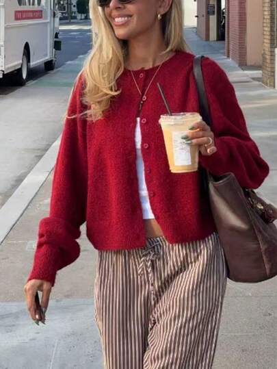 FOR BEAUTY Autumn New Red Round Neck Single Row Button Long Sleeved Knitted Cardigan Top, Gentle, Elegant, Romantic, Casual, Lazy, Fashionable, Simple And Versatile, Suitable For Go Out Dates, Commuting Sweaters, Cardigans, Dates Commuting Sweaters Cardigans New Year Autumn Women's Clothing