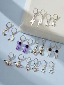 1/8/9 pares de pendientes de aleación con baño de plata, de colores múltiples, con diseños de estrellas, lunas y astronautas - Plateado - Ver 10