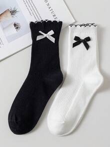 2pairs/Set Ladies' Black & White Striped Mid-Calf Socks With Bowknot & Scalloped Edges, Suitable For Daily Wear And Parties, Fall - Black and White - View 6