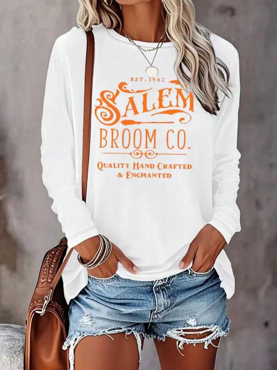 Creative Retro Graphic Tees,Fall Clothes For Women Comfortable Casual SALEM Letter Prints Long-Sleeved T-Shirts,Halloween Theme For Party Gatherings Clothes Going Out Tops Women For Home Or Outdoor