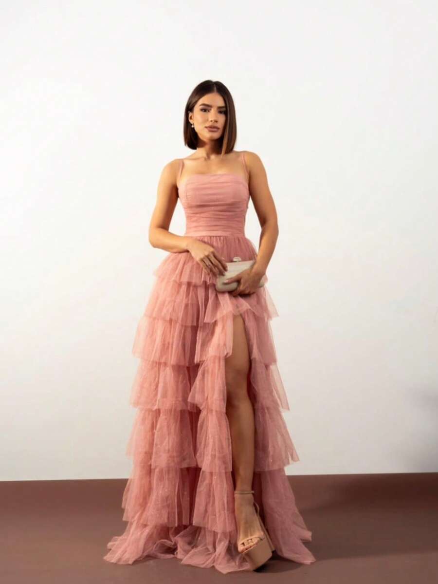 Tiered Prom Dress For Graduation And Bridesmaids. Elegant Conservative/Modest Sexy Casual Shiny Zipper Appliques Wedding Party Birthday Party Anniversary Party Graduation Party - 淺粉色 - 查看 1