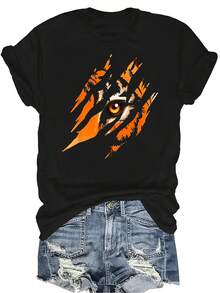 Camiseta de ojo de tigre para mujer y unisex, de verano, casual, transpirable, con cuello redondo, manga corta, estilo urbano y versátil, adecuada para adolescentes y adultos - Negro - Ver 1