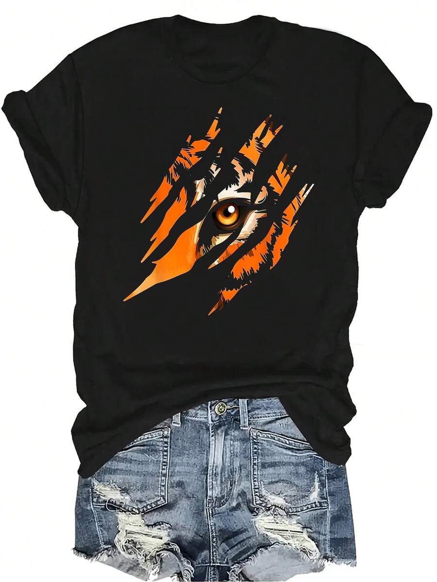Camiseta de ojo de tigre para mujer y unisex, de verano, casual, transpirable, con cuello redondo, manga corta, estilo urbano y versátil, adecuada para adolescentes y adultos - Negro - Ver 1