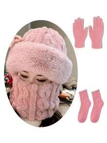 1 pieza Conjunto de gorro de punto y guantes de punto con protección de oreja, unisex, de moda casual y cálido para otoño/invierno, adecuado para uso diario, viajes al aire libre, senderismo, esquí, ciclismo, escalada, decoración de otoño